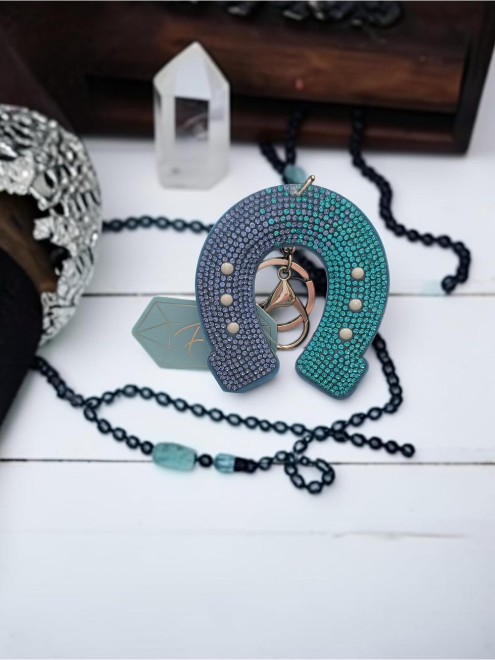 Rhinestone Horseshoe Keychain Blue Teal Crystal Bag Charm Western